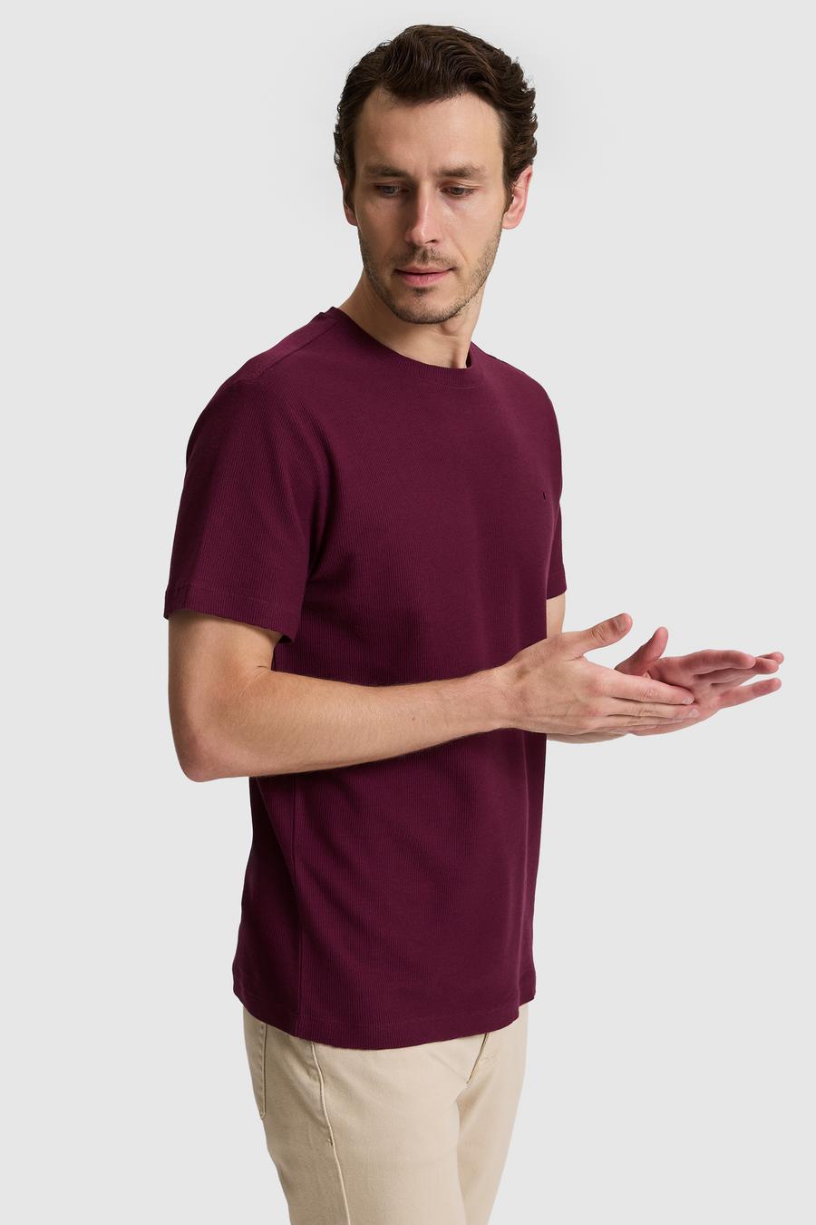 Bordo Slim Fit Saf Pamuk İnce Fitilli Bisiklet Yaka T-shirt - 50328374020