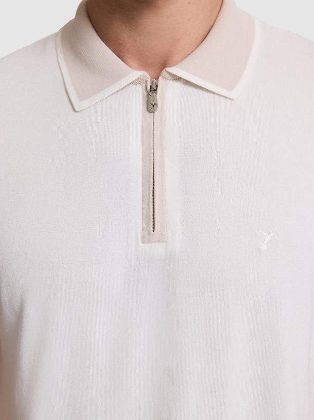 Beyaz Slim Fit Fermuarlı Polo Yaka Triko T-shirt