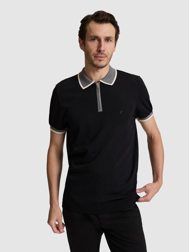 Siyah Slim Fit Fermuarlı Polo Yaka Triko T-shirt