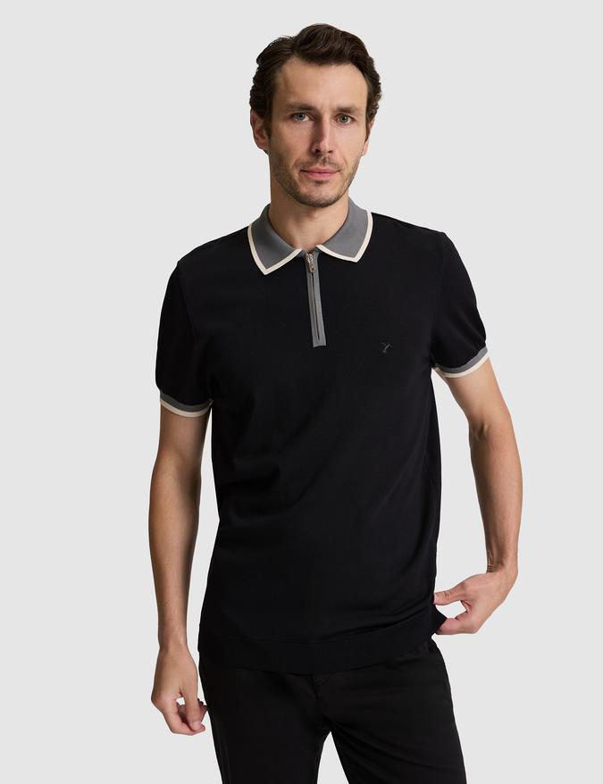 Siyah Slim Fit Fermuarlı Polo Yaka Triko T-shirt