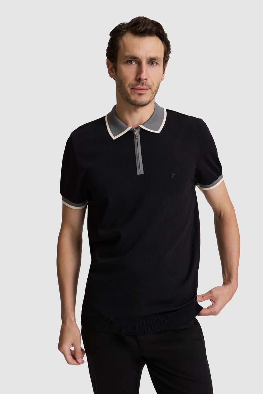 Siyah Slim Fit Fermuarlı Polo Yaka Triko T-shirt - 50326034041