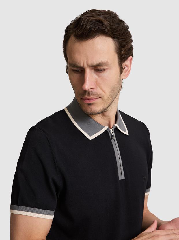 Siyah Slim Fit Fermuarlı Polo Yaka Triko T-shirt