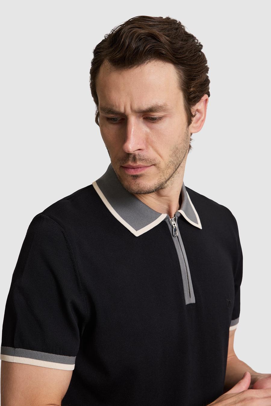 Siyah Slim Fit Fermuarlı Polo Yaka Triko T-shirt - 50326034041