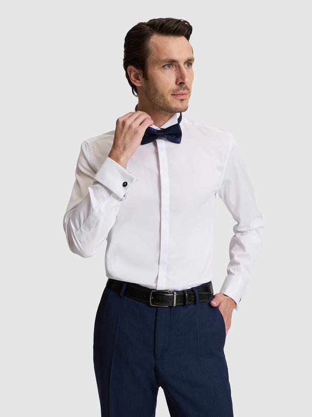 Beyaz Slim Fit Pamuk Karışımlı Ata Yaka Smokin Gömlek