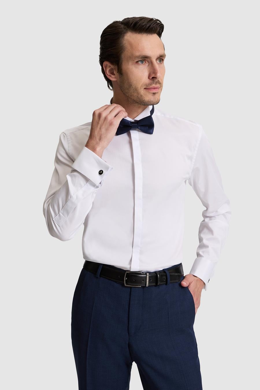 Beyaz Slim Fit Pamuk Karışımlı Ata Yaka Smokin Gömlek - 50324587006