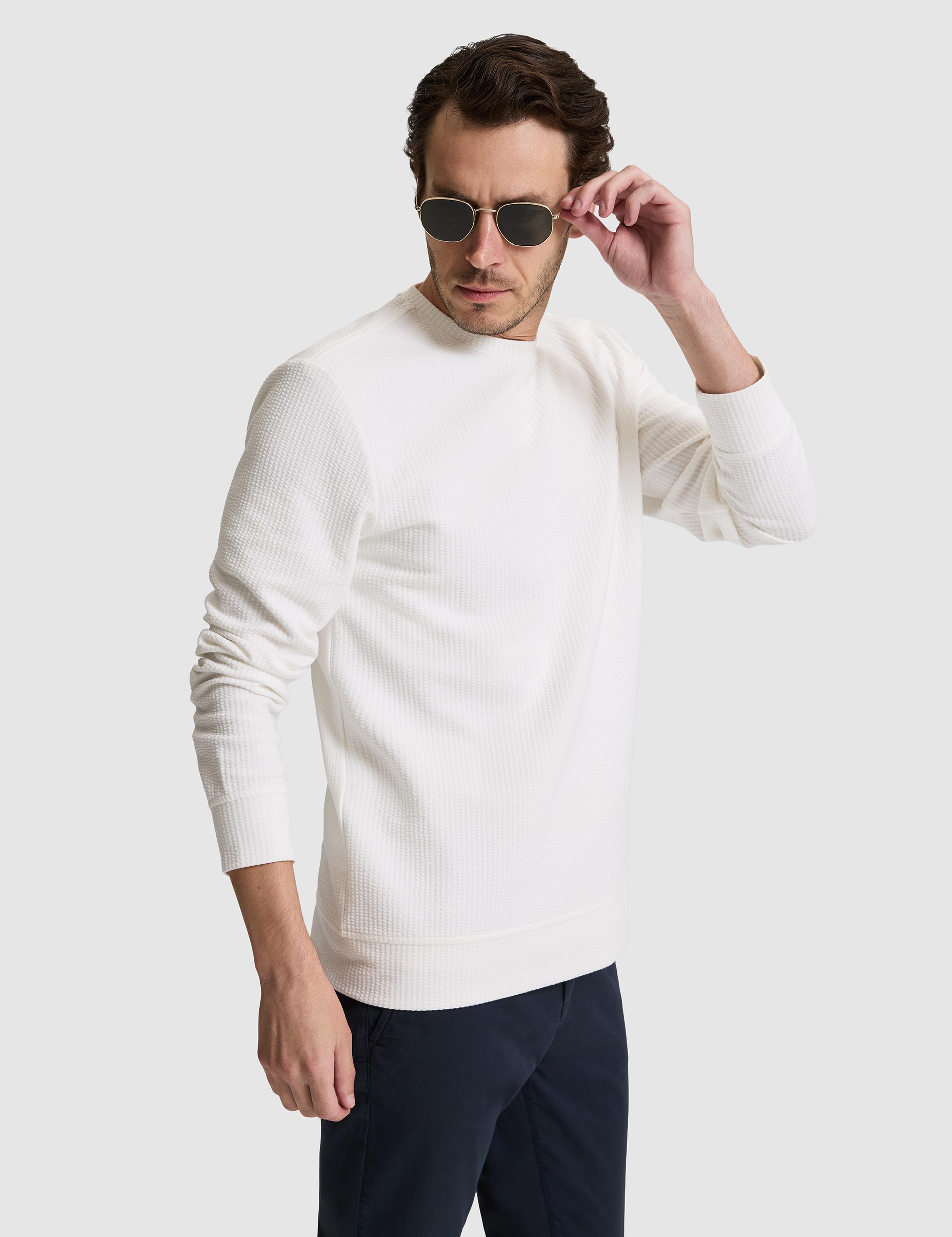 Beyaz Regular Fit Pamuk Karışımlı Bisiklet Yaka Sweatshirt - 50320606012