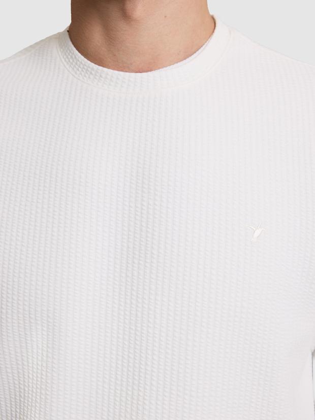 Beyaz Regular Fit Pamuk Karışımlı Bisiklet Yaka Sweatshirt