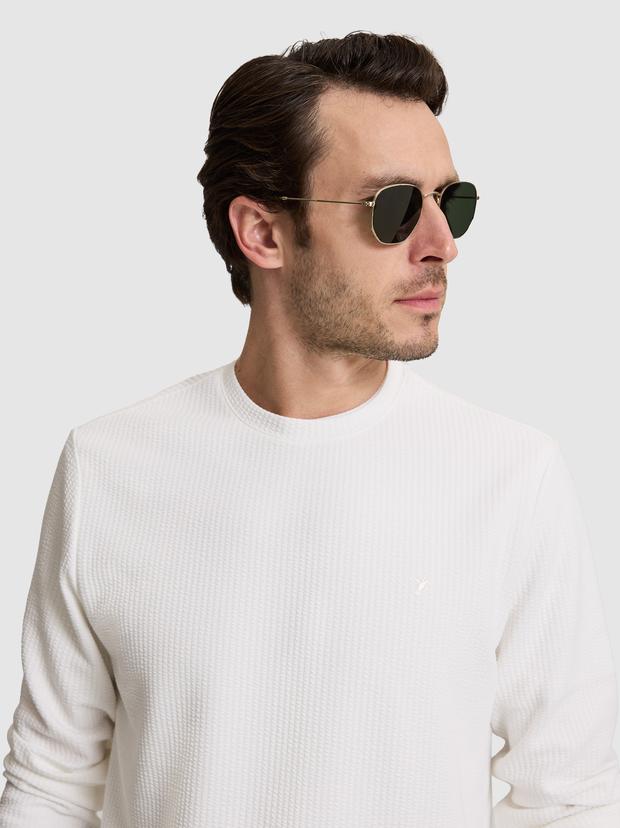 Beyaz Regular Fit Pamuk Karışımlı Bisiklet Yaka Sweatshirt
