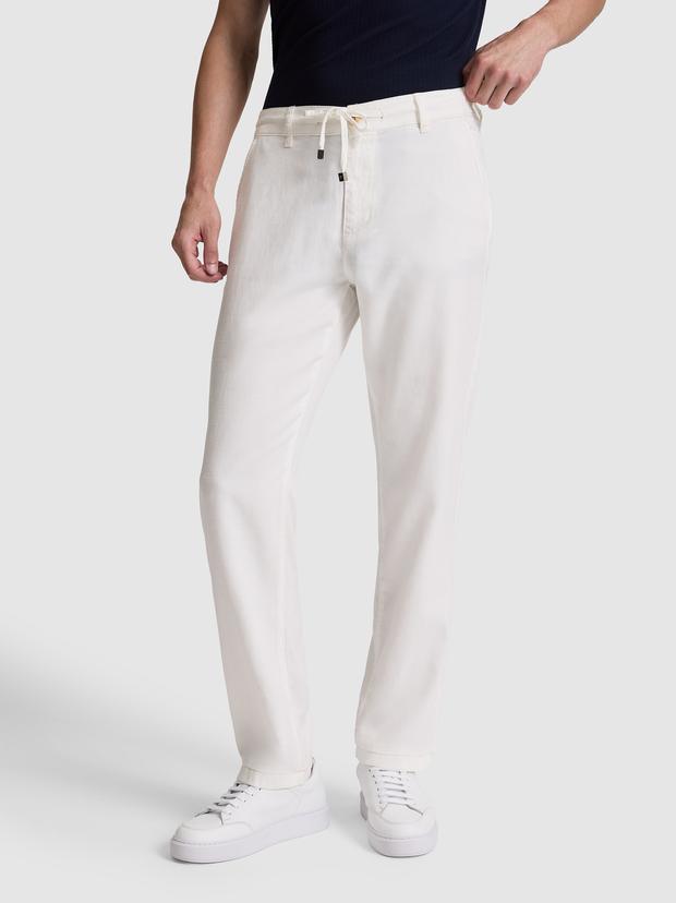 Ekru Relax Fit Beli Bağcıklı Keten Karışımlı Kanvas Pantolon