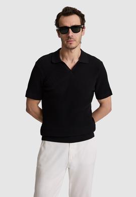 Siyah Slim Fit %100 Pamuk Apaş Yaka Triko T-shirt