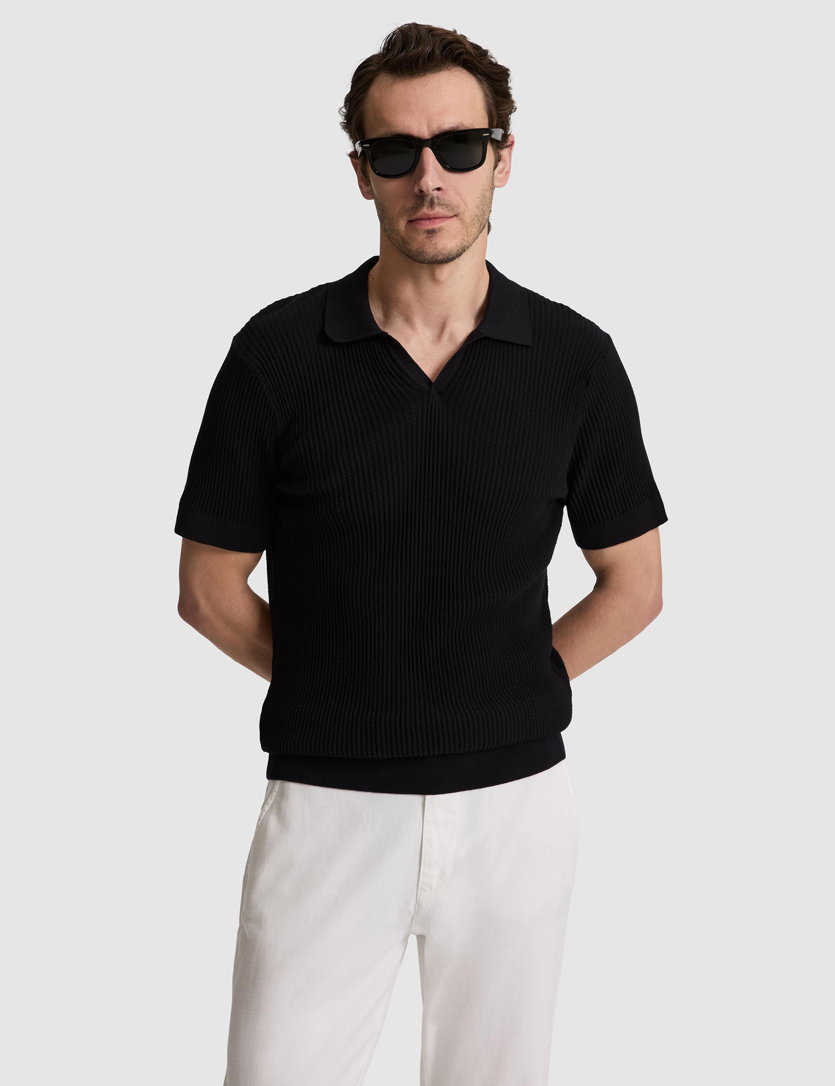 Siyah Slim Fit %100 Pamuk Apaş Yaka Triko T-shirt - 50320580034