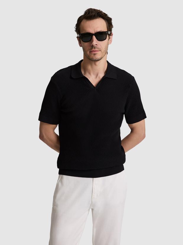 Siyah Slim Fit %100 Pamuk Apaş Yaka Triko T-shirt