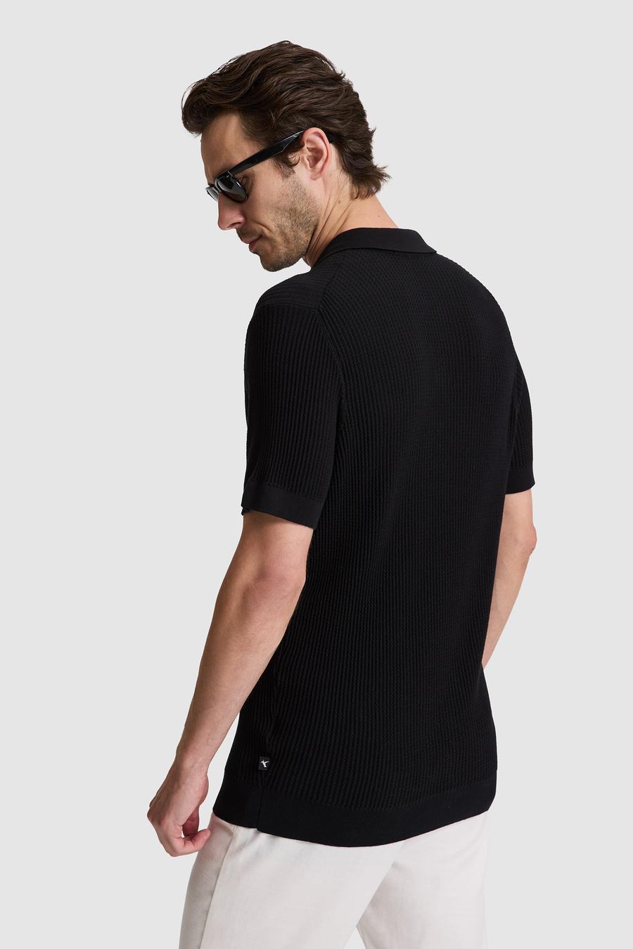 Siyah Slim Fit %100 Pamuk Apaş Yaka Triko T-shirt - 50320580034