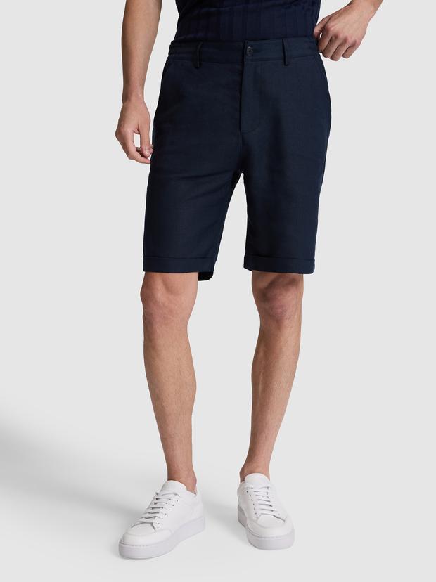 Lacivert Regular Fit Beli Lastikli %100 Keten Bermuda Şort