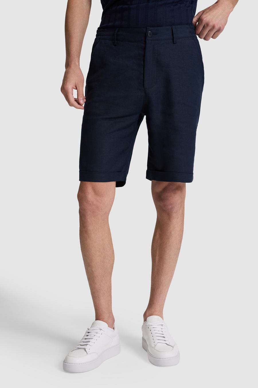 Lacivert Regular Fit Beli Lastikli %100 Keten Bermuda Şort - 50324497027