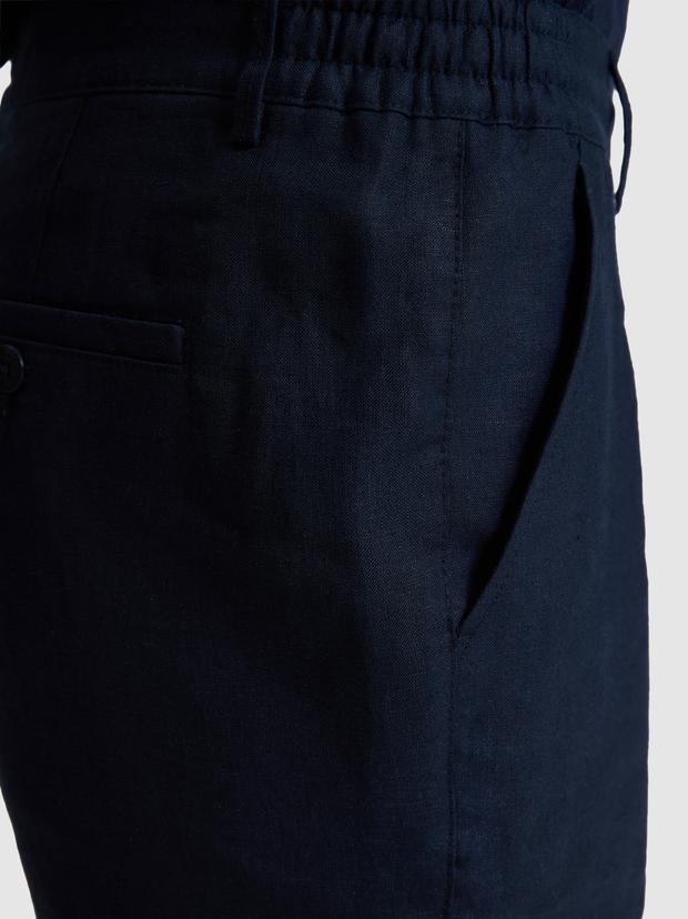 Lacivert Regular Fit Beli Lastikli %100 Keten Bermuda Şort