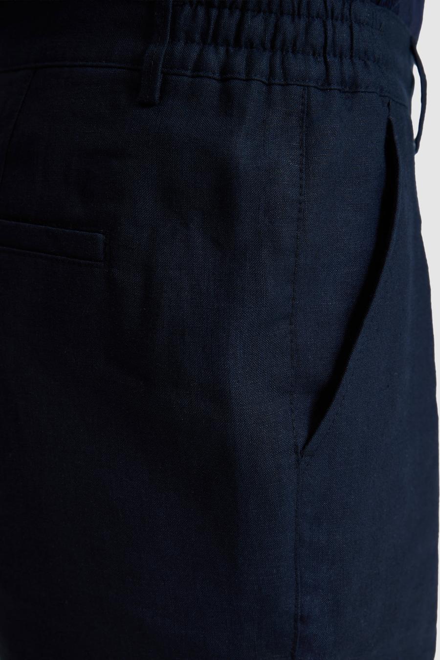 Lacivert Regular Fit Beli Lastikli %100 Keten Bermuda Şort - 50324497027