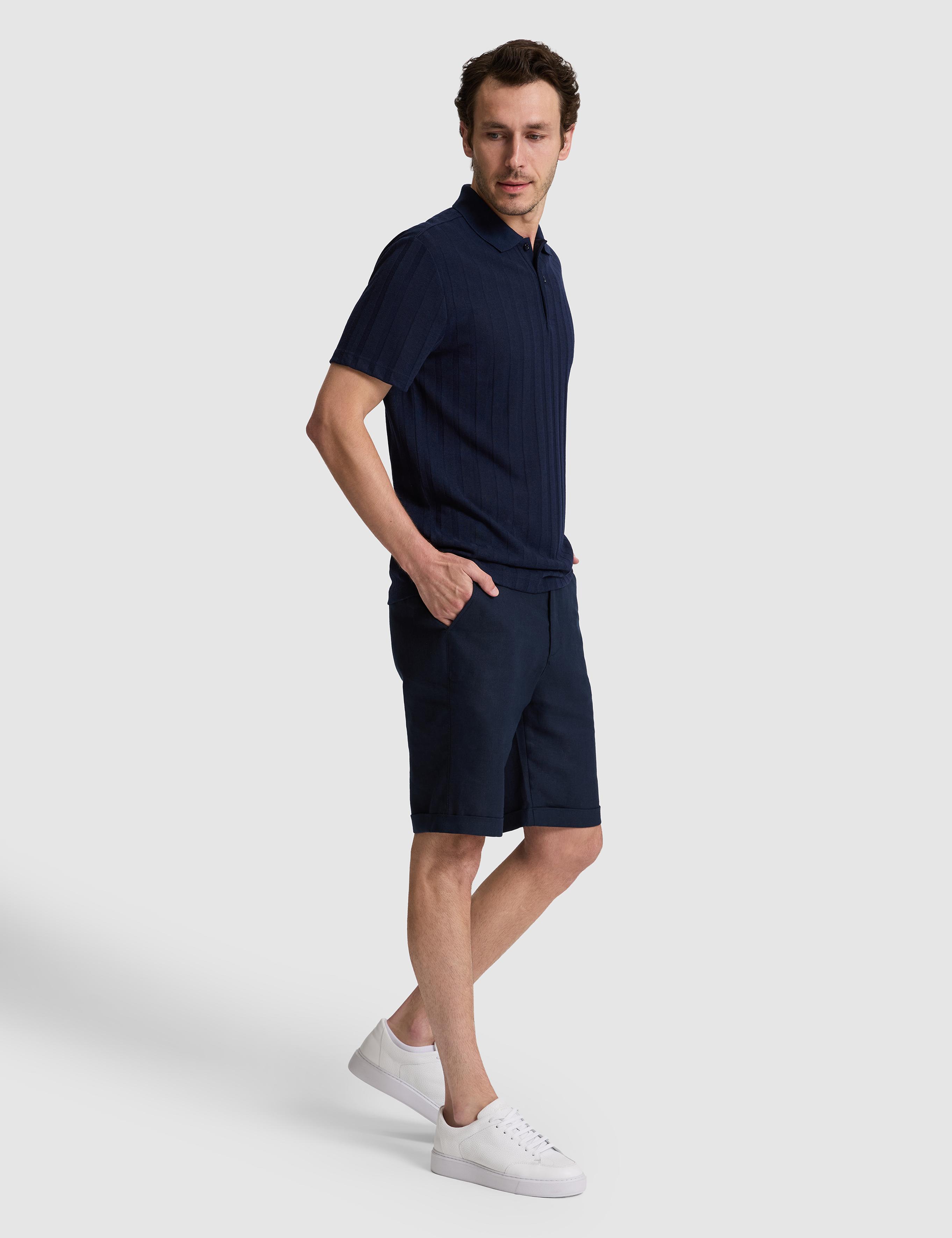 Lacivert Regular Fit Beli Lastikli %100 Keten Bermuda Şort - 50324497027
