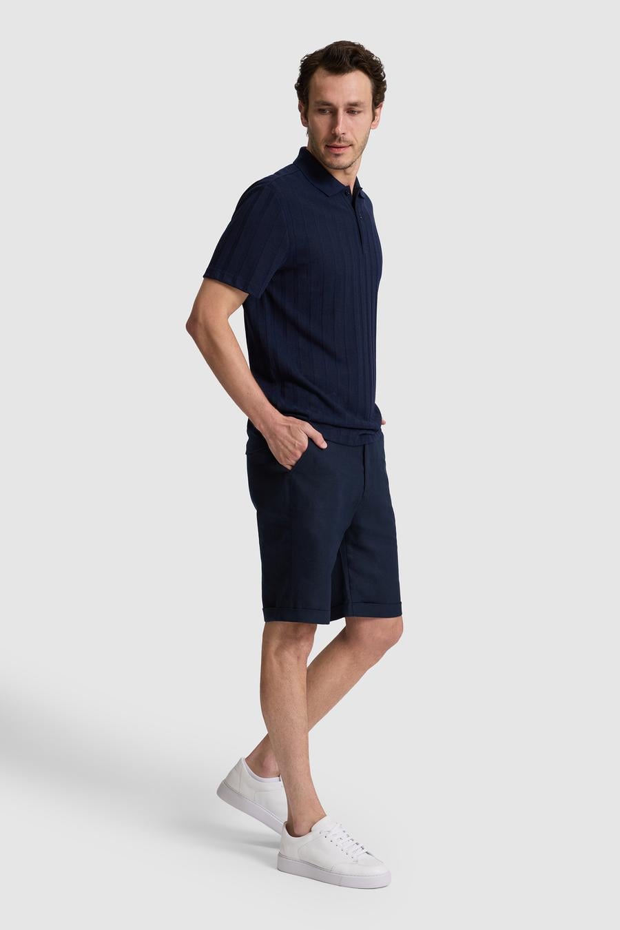Lacivert Regular Fit Beli Lastikli %100 Keten Bermuda Şort - 50324497027