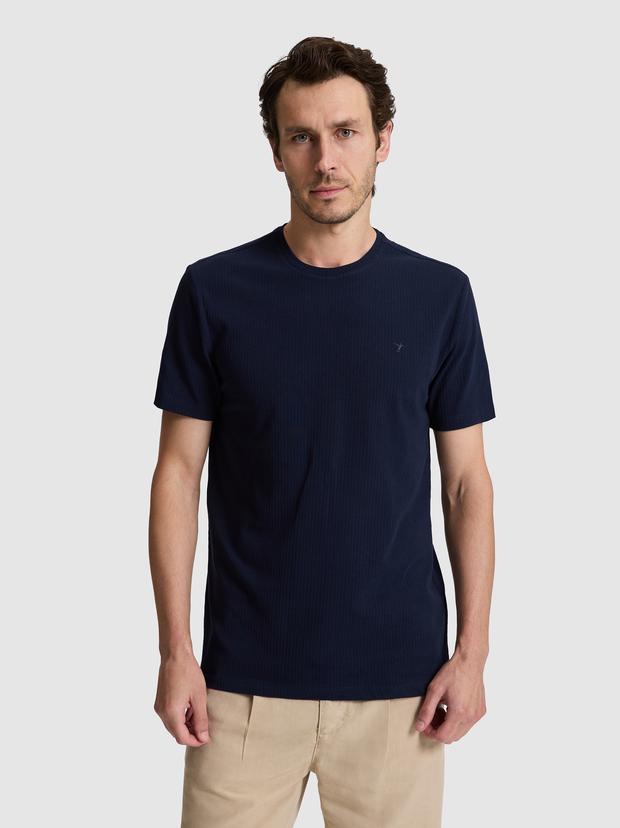 Lacivert Regular Fit Pamuk Karışımlı Çizgili Bisiklet Yaka T-shirt