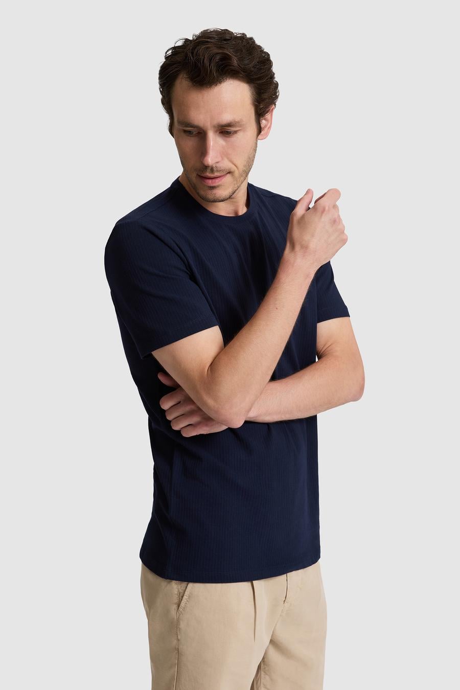 Lacivert Regular Fit Pamuk Karışımlı Çizgili Bisiklet Yaka T-shirt - 50320530012