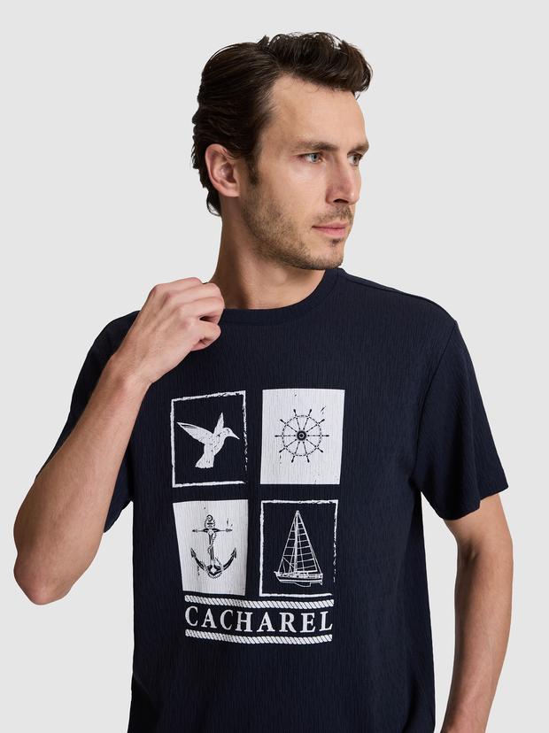 Lacivert Regular Fit Baskılı Pamuk Karışımlı Bisiklet Yaka T-shirt