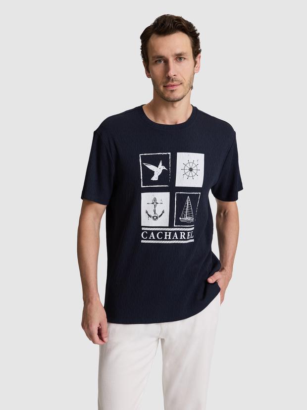 Lacivert Regular Fit Baskılı Pamuk Karışımlı Bisiklet Yaka T-shirt