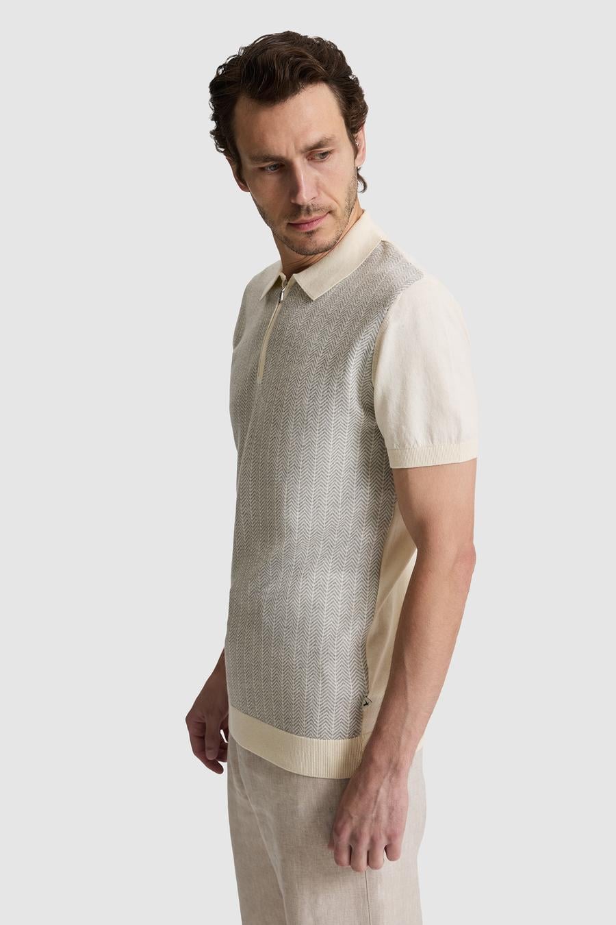Açık Gri Slim Fit %100 Pamuk Fermuarlı Polo Yaka Triko T-shirt - 50320671010