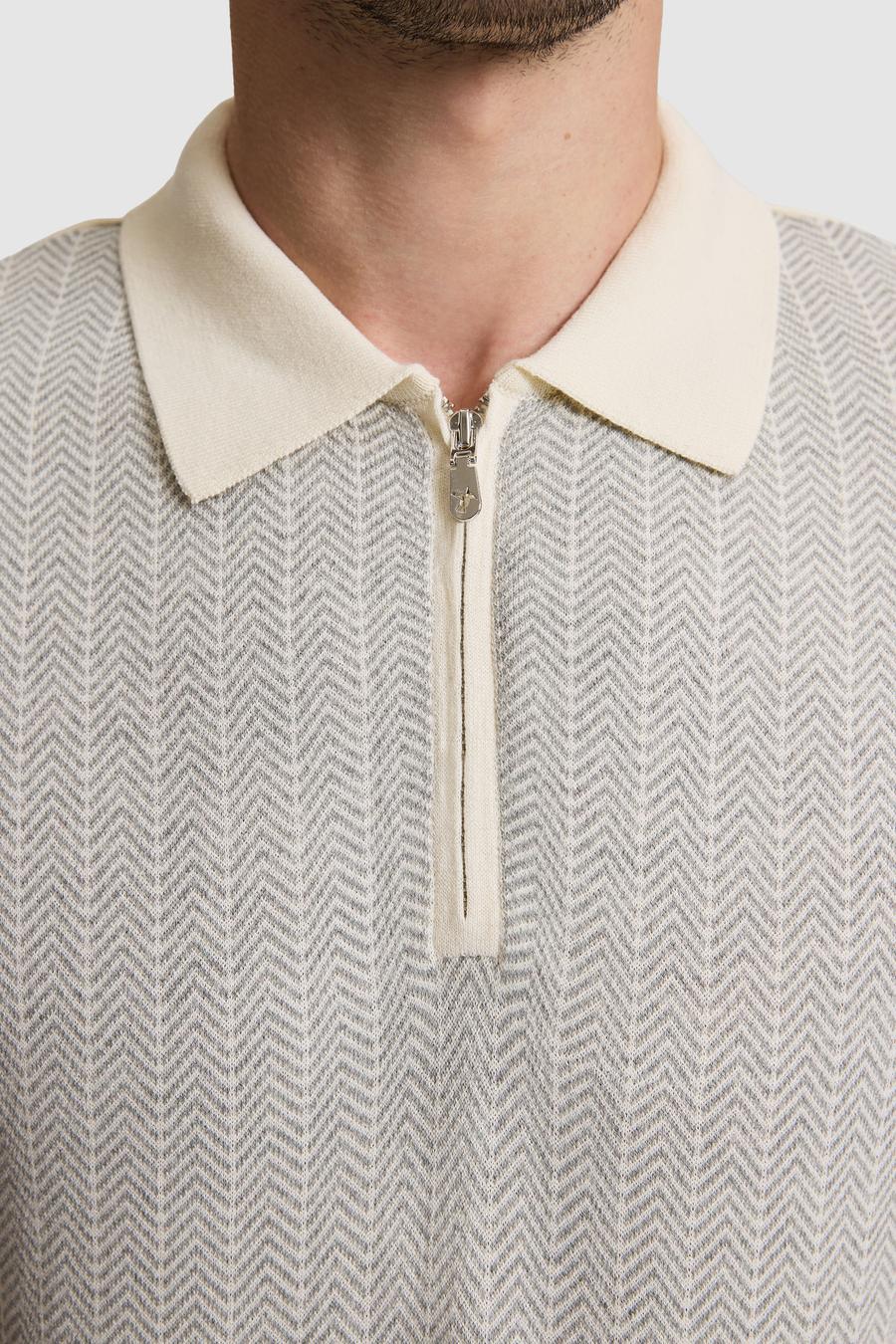 Açık Gri Slim Fit %100 Pamuk Fermuarlı Polo Yaka Triko T-shirt - 50320671010