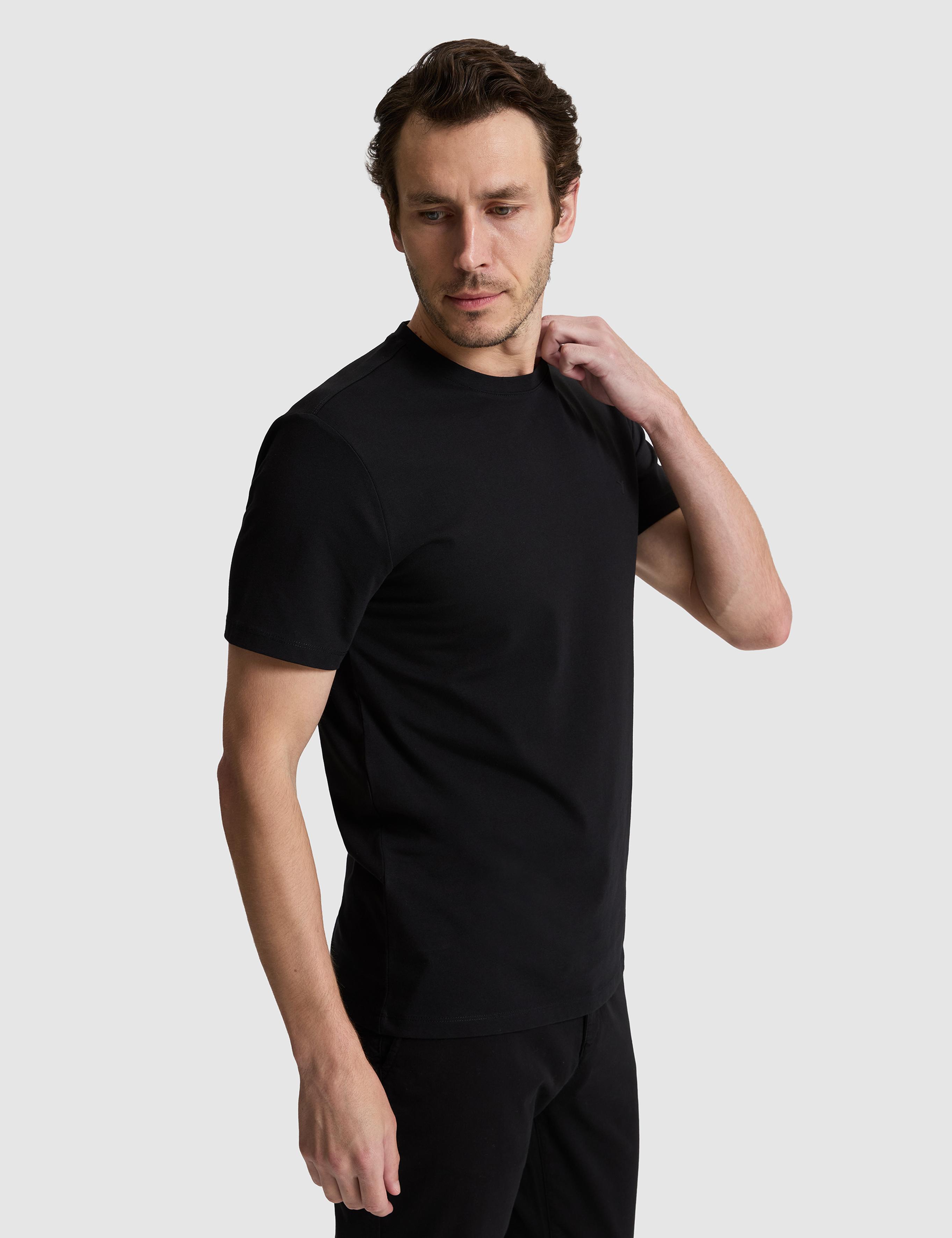Siyah Slim Fit Pamuk Karışımlı Bisiklet Yaka Basic T-shirt - 50324355006