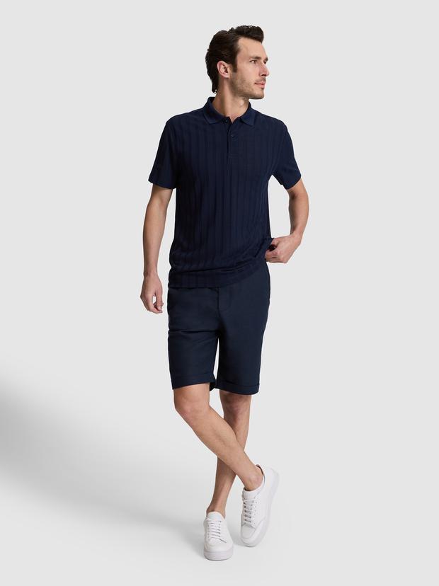 Lacivert Regular Fit Beli Lastikli %100 Keten Bermuda Şort