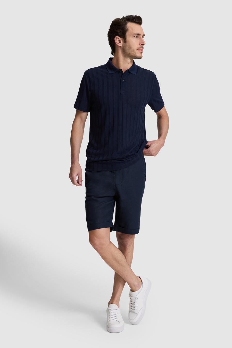 Lacivert Regular Fit Beli Lastikli %100 Keten Bermuda Şort - 50324497027