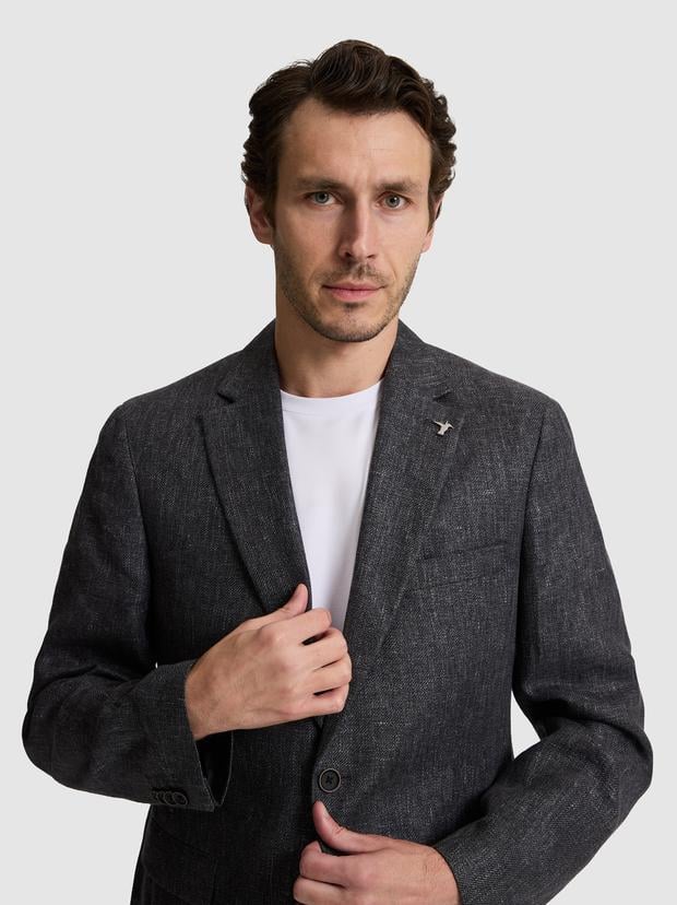 Siyah Slim Fit Keten Karışımlı Mikro Desen Mono Yaka Ceket