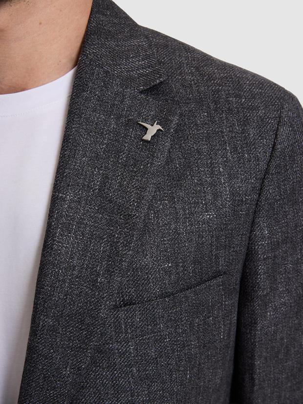 Siyah Slim Fit Keten Karışımlı Mikro Desen Mono Yaka Ceket