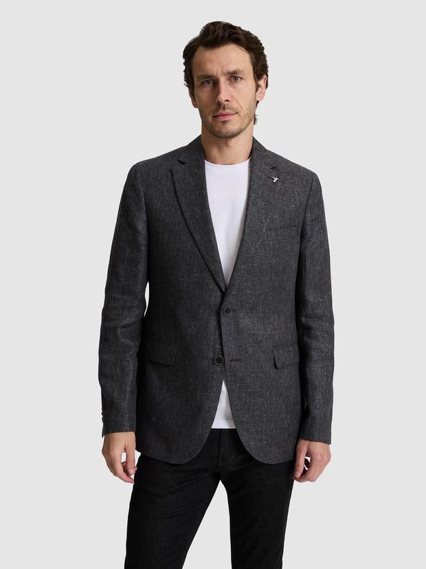 Siyah Slim Fit Keten Karışımlı Mikro Desen Mono Yaka Ceket