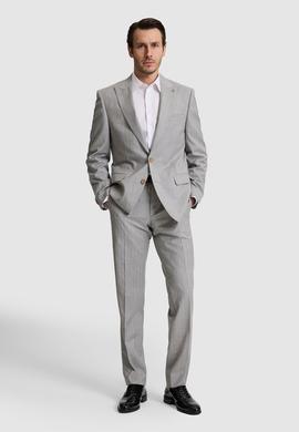 Açık Gri Slim Fit %100 Yün Çizgili Kırlangıç Yaka Takım Elbise