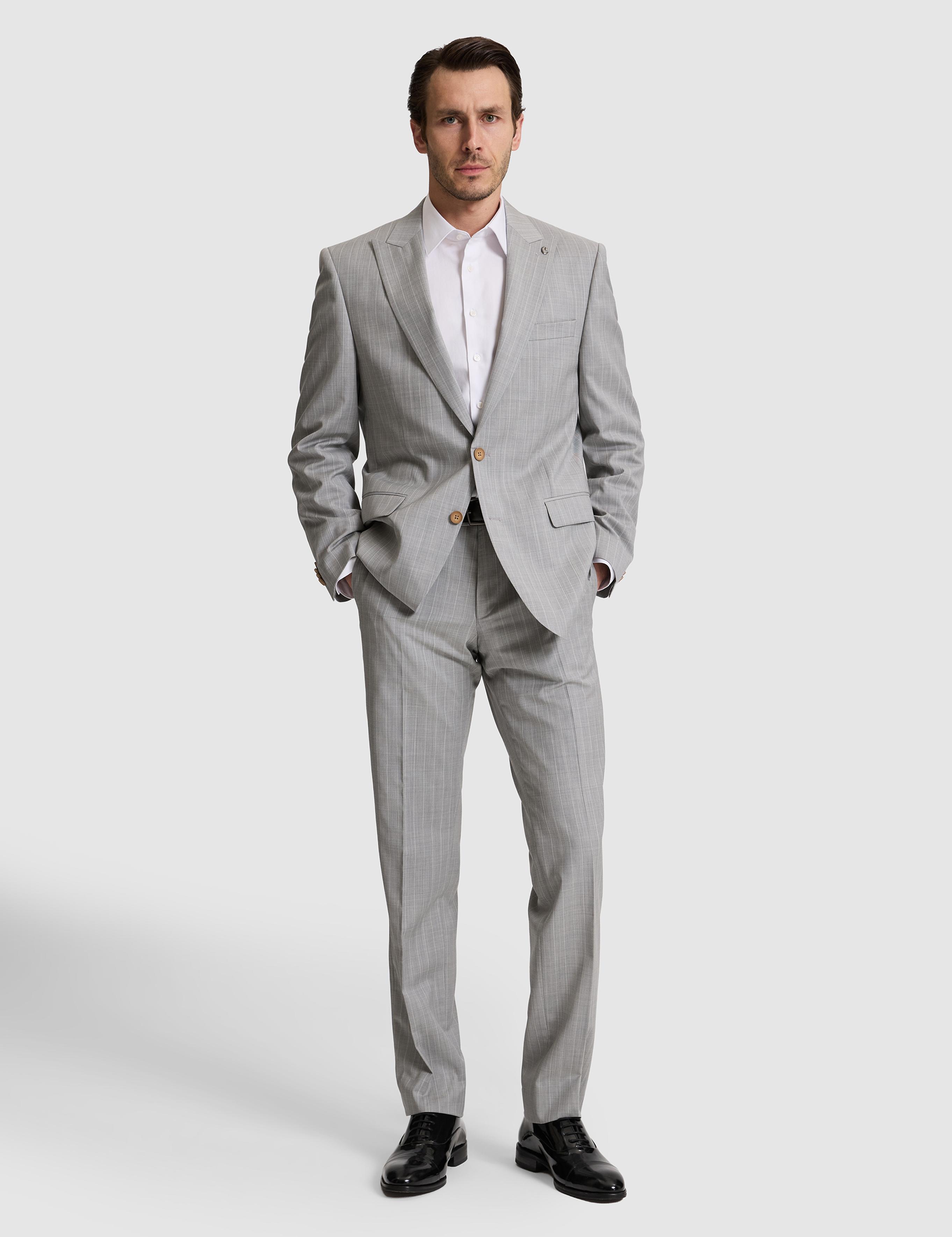 Açık Gri Slim Fit %100 Yün Çizgili Kırlangıç Yaka Takım Elbise - 50324894014
