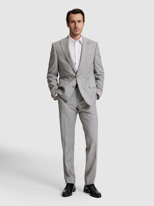 Açık Gri Slim Fit %100 Yün Çizgili Kırlangıç Yaka Takım Elbise