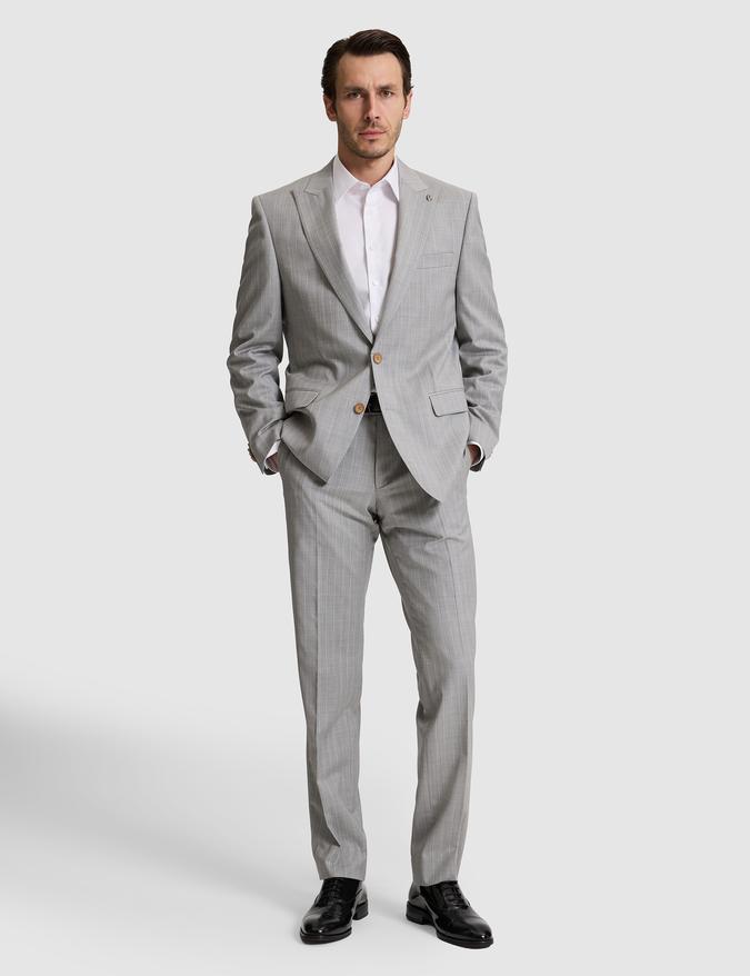 Açık Gri Slim Fit %100 Yün Çizgili Kırlangıç Yaka Takım Elbise