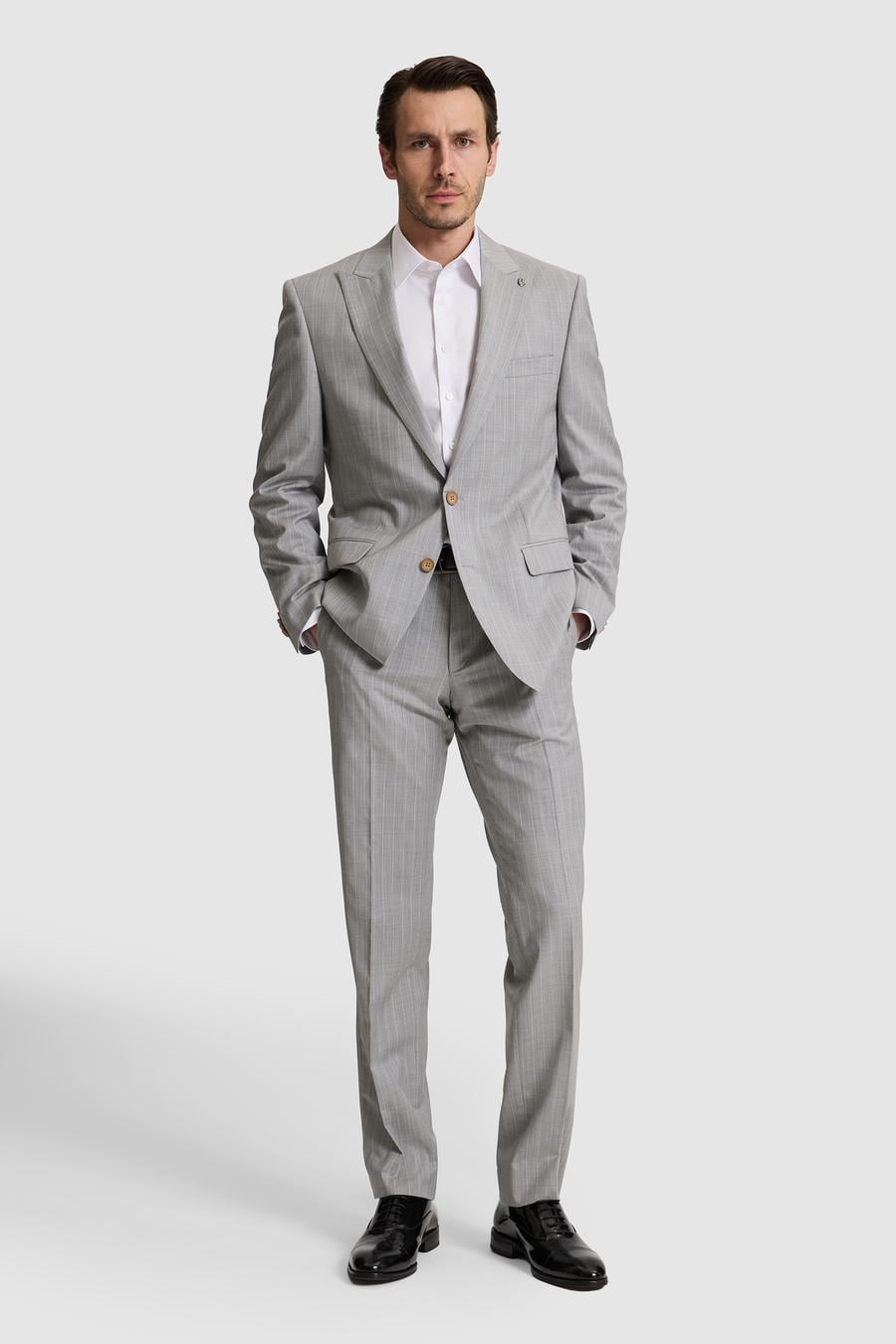 Açık Gri Slim Fit %100 Yün Çizgili Kırlangıç Yaka Takım Elbise - 50324894014