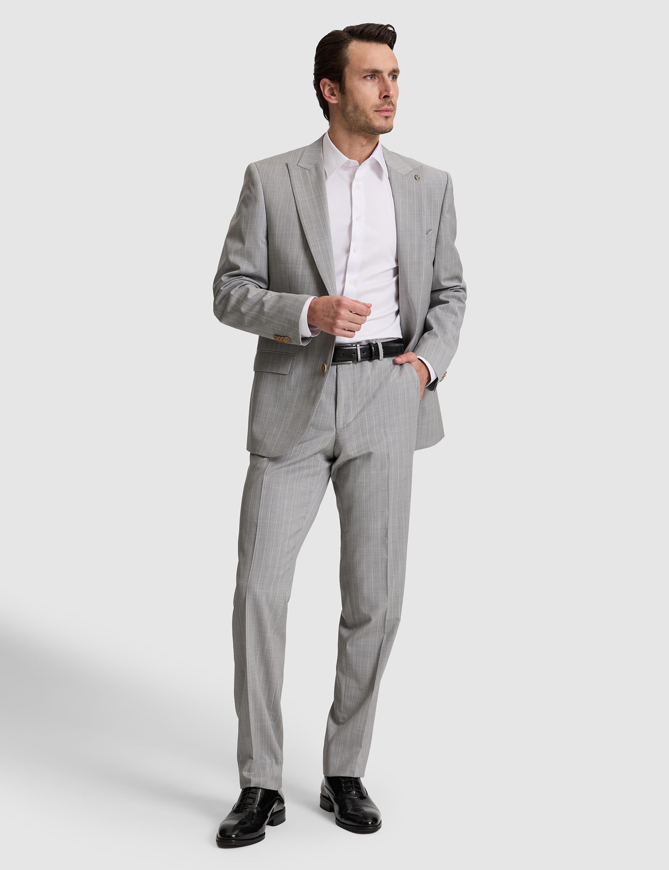 Açık Gri Slim Fit %100 Yün Çizgili Kırlangıç Yaka Takım Elbise - 50324894014