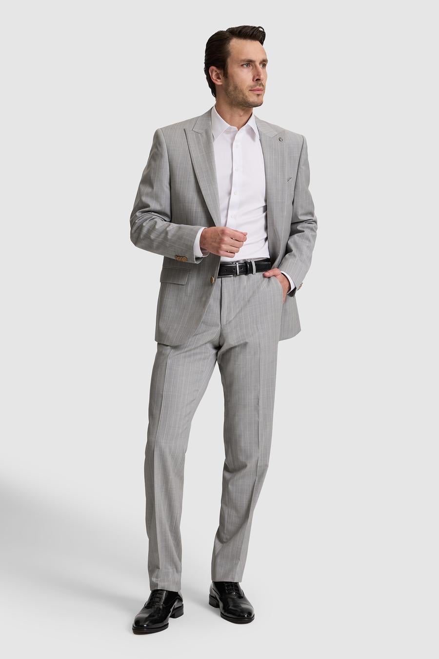 Açık Gri Slim Fit %100 Yün Çizgili Kırlangıç Yaka Takım Elbise - 50324894014