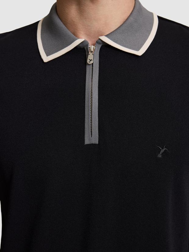 Siyah Slim Fit Fermuarlı Polo Yaka Triko T-shirt