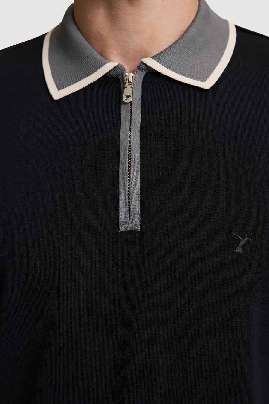 Siyah Slim Fit Fermuarlı Polo Yaka Triko T-shirt - 50326034041