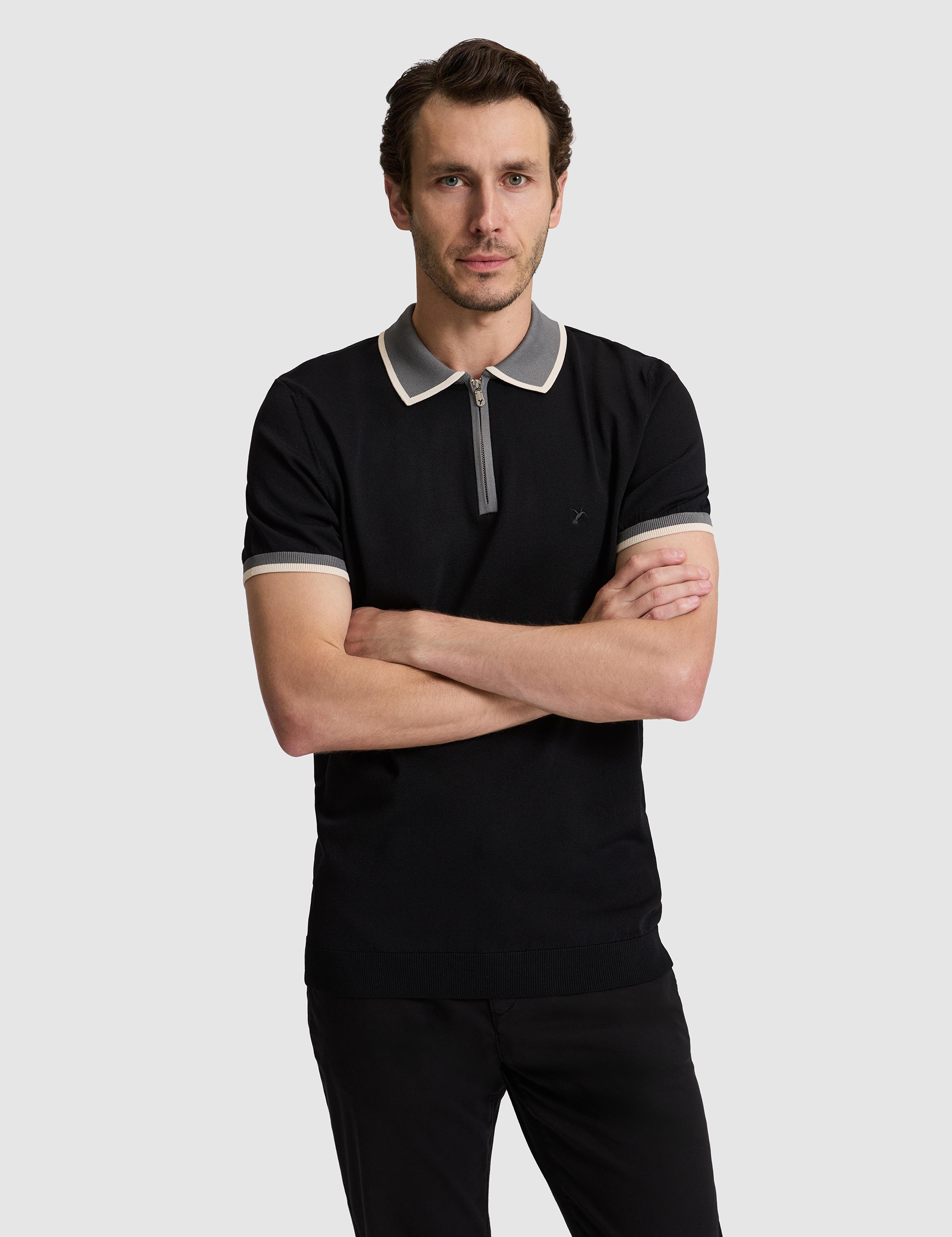 Siyah Slim Fit Fermuarlı Polo Yaka Triko T-shirt - 50326034041