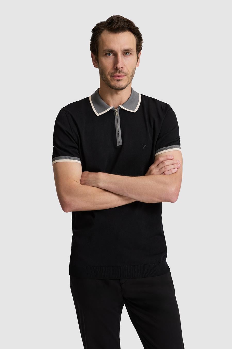 Siyah Slim Fit Fermuarlı Polo Yaka Triko T-shirt - 50326034041