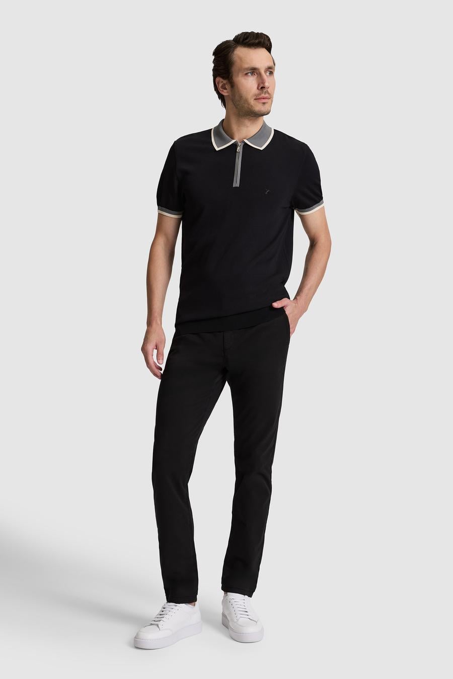 Siyah Slim Fit Fermuarlı Polo Yaka Triko T-shirt - 50326034041