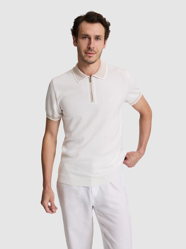 Beyaz Slim Fit Fermuarlı Polo Yaka Triko T-shirt