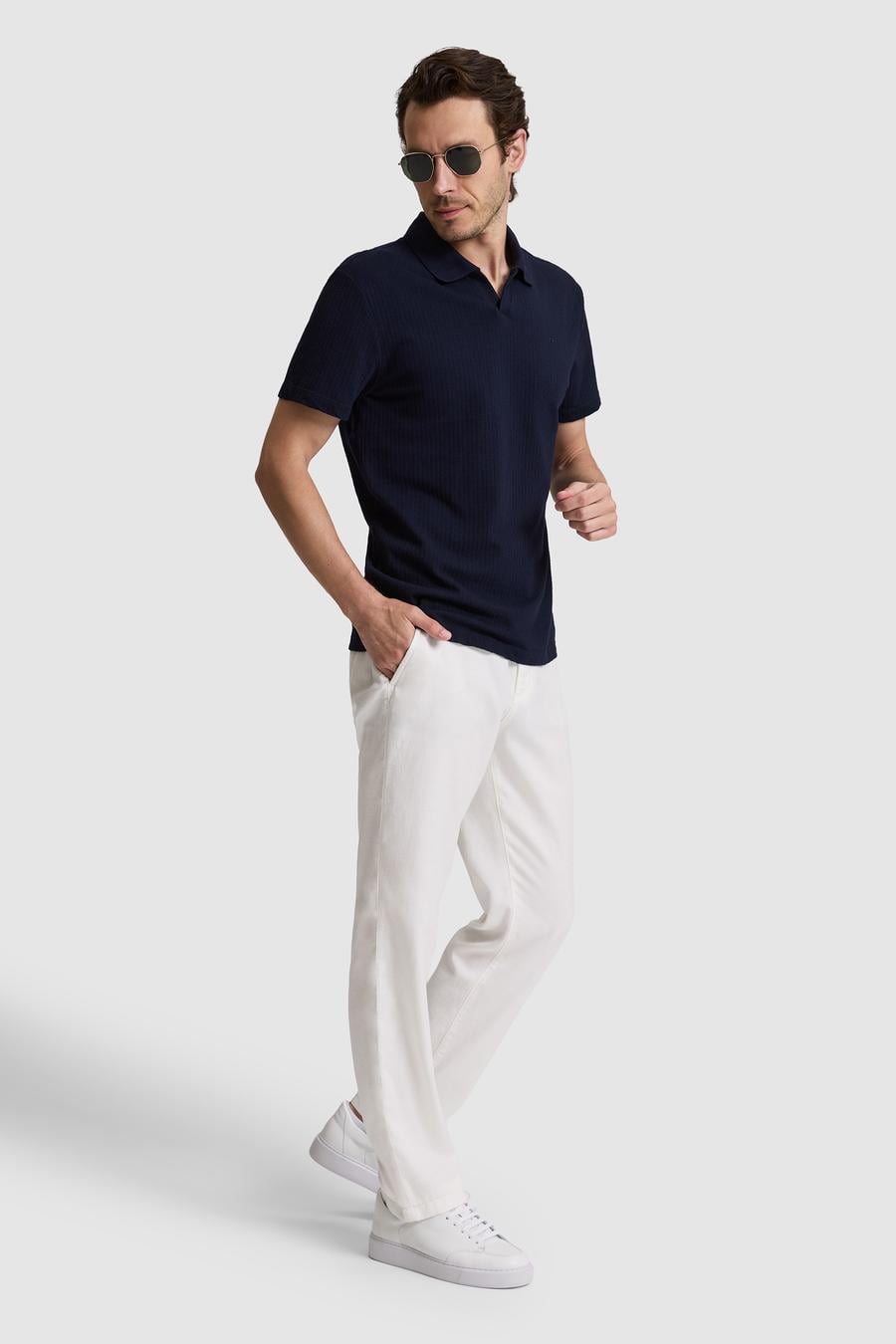 Ekru Relax Fit Beli Bağcıklı Keten Karışımlı Kanvas Pantolon - 50321088013