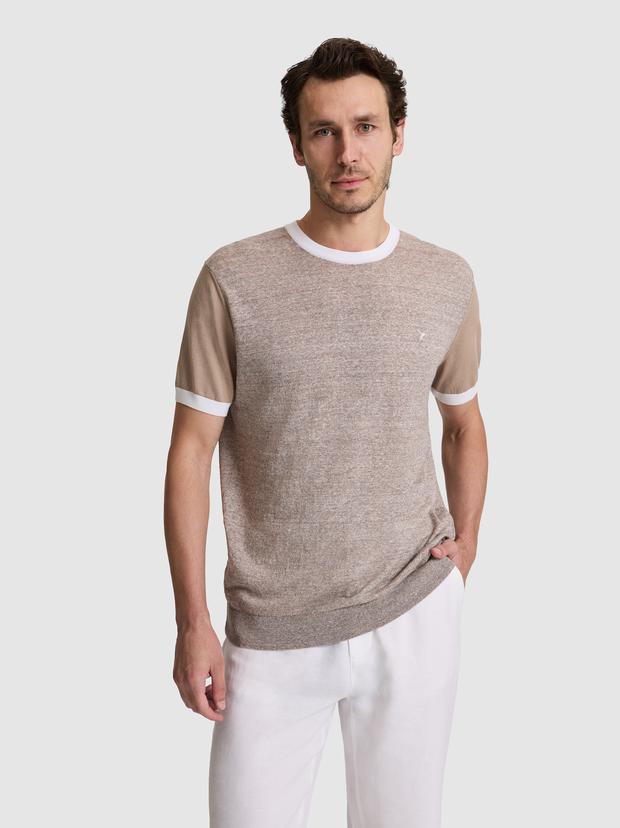 Vizon Regular Fit Bisiklet Yaka Keten Karışımlı  Triko T-shirt